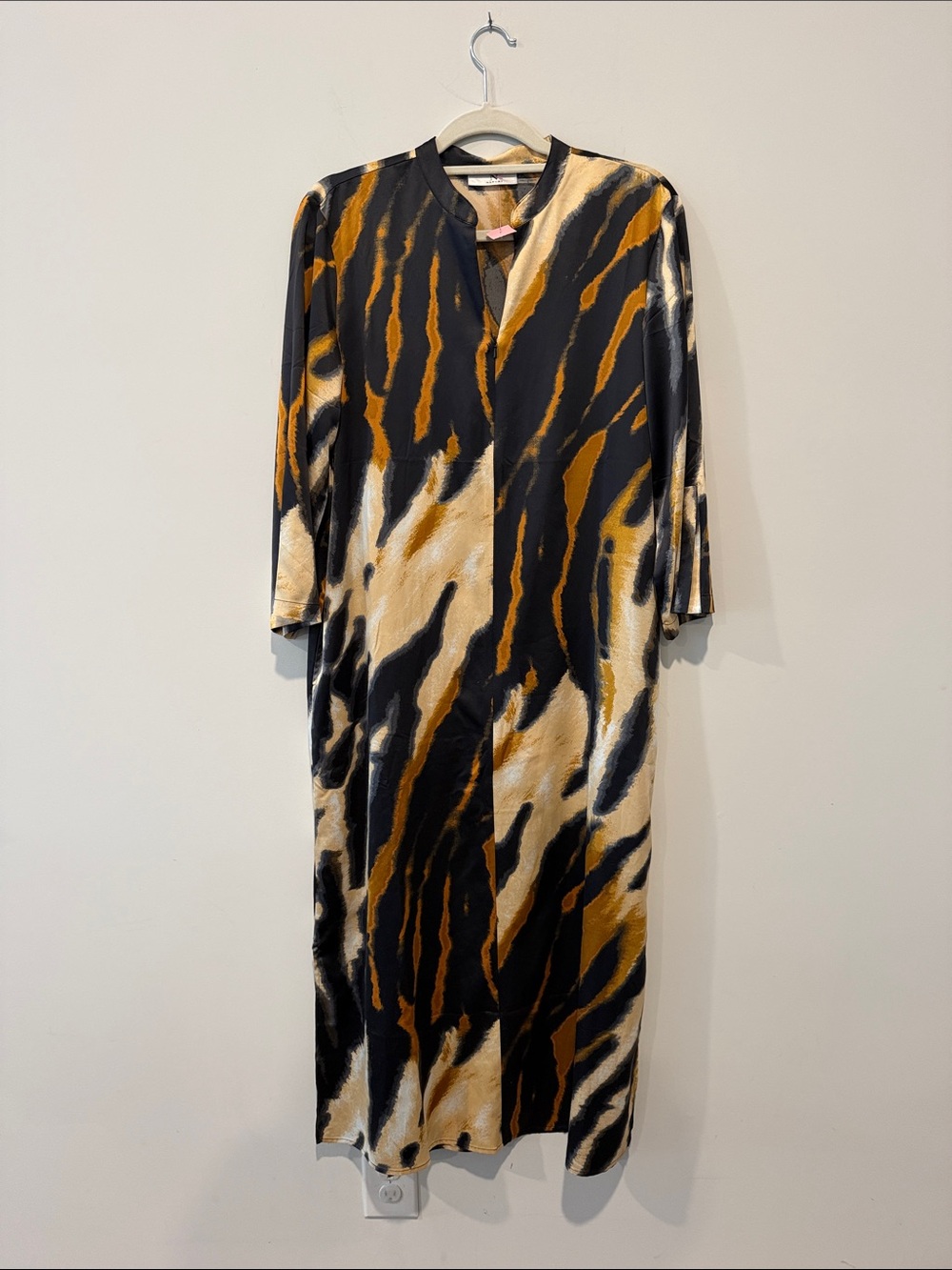 Natori Size Small Black Tan Animal Print Zip Front Coverup Boho Silky Maxi Dres